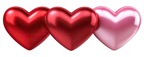 Three shiny hearts in a row on a white background
