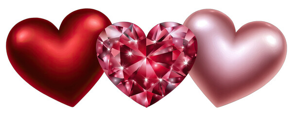 Three hearts in a row with different textures and colors on a white background