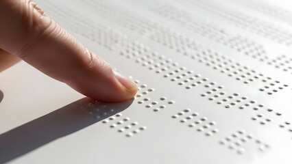 Finger reading braille text on a white background