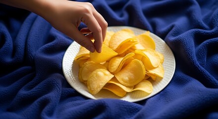 Hand reaching for crispy potato chips on a white plate and blue cloth