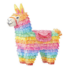 A vibrant pi&ntilde;ata in the shape of an animal is displayed against a white background.