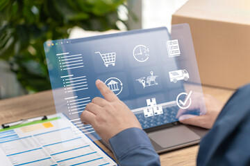 Online Ordering and Secure Delivery Process, Businessman Touch on screen Tracking Shipment Status, Transparent Logistics System, Safe Transportation, Efficient Supply Chain and E-commerce Management