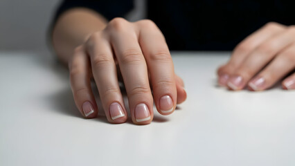 Obraz premium Close up of woman s hands with manicured nails on white surface
