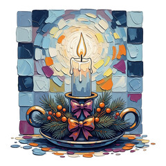 A candlelit scene with a decorated candle on a holder surrounded by festive elements against a stained glass background