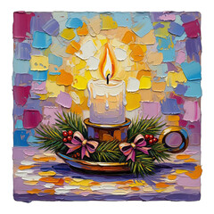 A vibrant candle surrounded by festive decorations in a colorful mosaic pattern