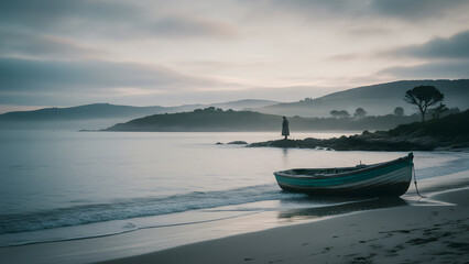 Naklejka premium Serene beach scene with small boat on calm shoreline at dusk