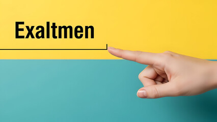 A hand pointing to the term exaltmen on a colorful background