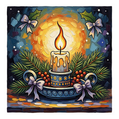 A candlelit festive scene with holly and berries surrounding a decorative candle holder in a winter wonderland setting viewed from the front