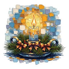 A serene candle surrounded by festive decorations and greenery on a decorative plate against a mosaic background