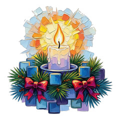 A lit candle surrounded by gifts and greenery on an Advent wreath during Christmas