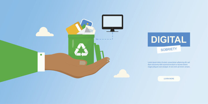 Flat digital sobriety banner with a hand holding a green recycle bin full of digital files, promoting eco friendly online habits and sustainable technology use. Digital cleanup. Vector illustration