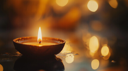 Lit Traditional Clay Oil Lamp Floating on Water with Warm Golden Bokeh Background