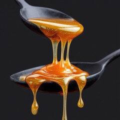 Golden syrup pouring from spoon to spoon on black background