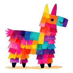A vibrant pinata in the shape of a donkey stands on a sandy surface against a white background