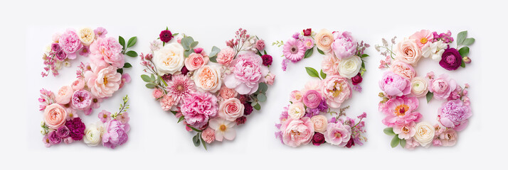 Number "6" formed by colorful flowers , pink light blush to deep fuchsia, creams, whites and red,peonies,roses.	