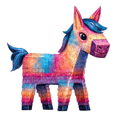 A colorful pinata in the shape of a horse stands alone on a white background with vibrant stripes