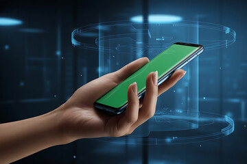 Person holding smartphone with green screen in futuristic interface