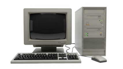 Vintage computer setup with monitor tower keyboard and mouse on transparent background