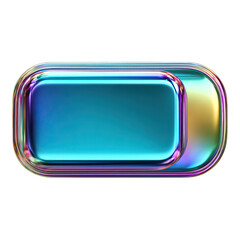 A metallic blue rectangular object with rounded edges and reflective surface is viewed from the front against a white background