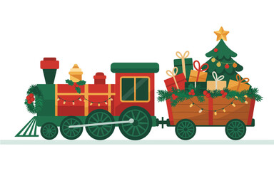 A festive red and green train carrying a Christmas tree and gifts on a white background