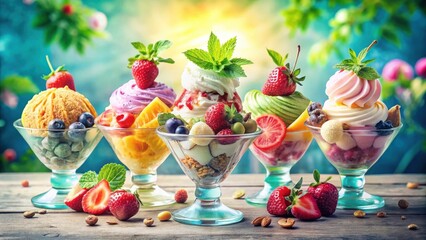 Summertime Delights A Colorful Arrangement of Frozen Desserts Topped with Fresh Berries and Other Fruits in Elegant Glass Dishes on a Rustic Wooden Surface