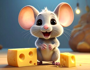 Animated mouse with large ears smiles beside cheese cubes