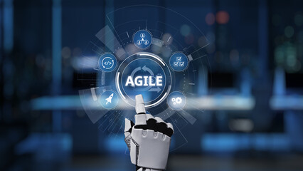 A futuristic robotic hand interacts with a digital display showcasing the term 'Agile,' symbolizing technological advancement and innovative project management in a modern office environment. Synapse