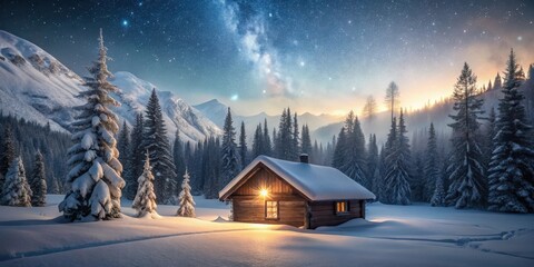 Secluded Wooden Cabin Nestled in a Snowy Mountain Valley Under a Starry Night Sky