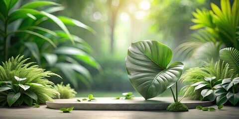 Serene Oasis Lush Greenery Enveloping a Stone Platform, Ideal for Product Presentation or Botanical Display