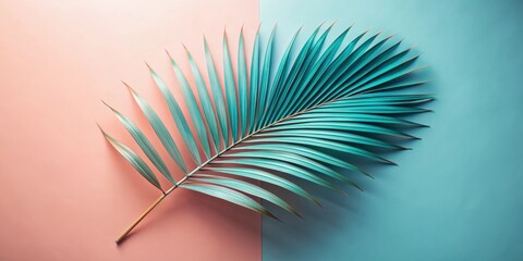 Serene teal palm frond gracefully positioned on a dual-toned background of soft pink and tranquil blue, creating a minimalist tropical aesthetic.