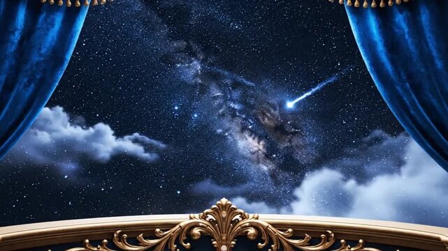 A fantasy theatrical backdrop showing a celestial balcony with golden details blue velvet curtains and a vast starry sky glowing clouds and falling shooting stars illuminated by a central light beam p