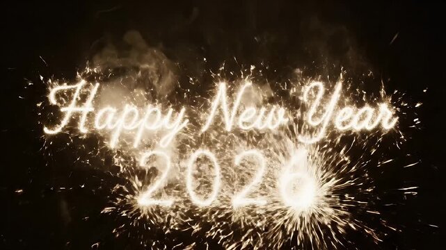 Sparkling Happy New Year 2026 Celebration - The video features the phrase "Happy New Year 2026" brilliantly spelled out with sparklers against a dark background.