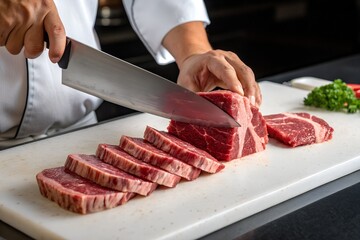 Culinary Precision: A culinary artist masterfully slices a succulent cut of raw beef on a pristine cutting board, showcasing skill in a professional kitchen environment.
