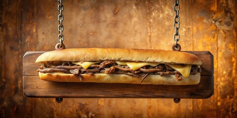 Delectable Grilled Meat and Melted Cheese Sub Sandwich Hanging on Rustic Wooden Sign