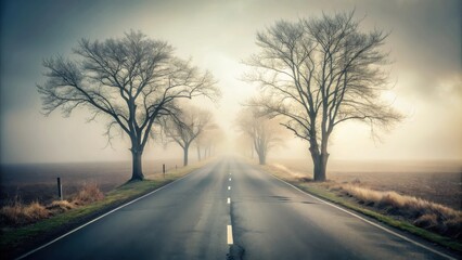 Fototapeta premium Misty Morning Drive Through Leafless Trees on a Rural Road