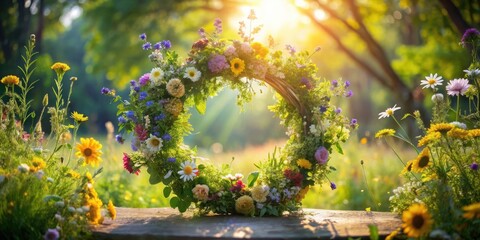 A radiant springtime floral wreath composed of wildflowers, blossoms, and greenery rests on a rustic surface bathed in warm sunlight.