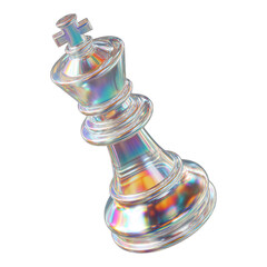 Holographic chess king piece displayed on a white background, showcasing its intricate design and iridescent colors.