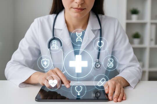 Female doctor using digital tablet with futuristic medical interface icons for healthcare and science technology concept on white background. Ai generative - Powered by Adobe