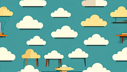 Obraz premium Whimsical scene of white and yellow stylized clouds with floating shelves on a teal background