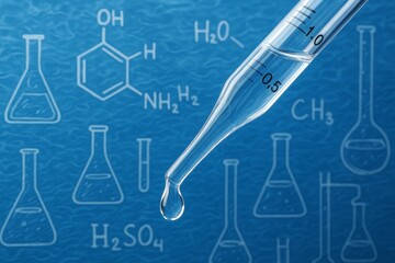 Close-up of pipette with droplet against blue background featuring chemical formulas and lab glassware illustrations for scientific education concept. Ai generative