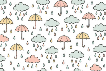 Obraz premium Pastel weather pattern with umbrellas clouds and rain drops