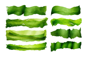 Different shades of green watercolor strips arranged in various styles for design use or craft projects