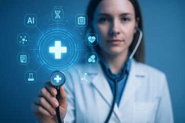 Female doctor using stethoscope with futuristic medical digital interface showing health icons, science and AI technology concept on blue background. Ai generative