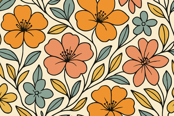 Retro 70s Style Floral Pattern with Large Orange and Peach Flowers