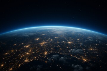 Fototapeta premium Planet Earth at night from space showing glowing city lights and blue atmospheric edge against a starry sky, representing global connectivity and science. Ai generative