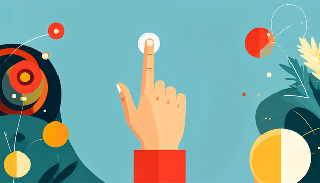 Stylized hand touches a white button, with abstract geometric shapes and floral elements on a light blue backdrop