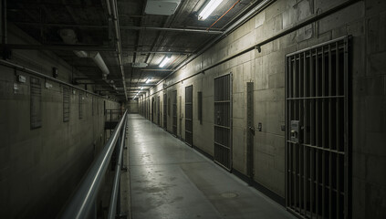 Obraz premium Dimly lit prison corridor with cells stretching into the distance, creating a sense of confinement