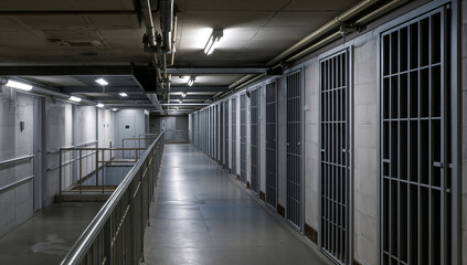 Long corridor with cells and doors in a modern prison or detention facility