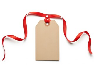 Brown paper tag with red ribbon isolated on white background