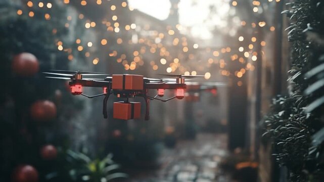 A drone carrying a wrapped gift flies through a festive outdoor corridor decorated with Christmas lights and ornaments.